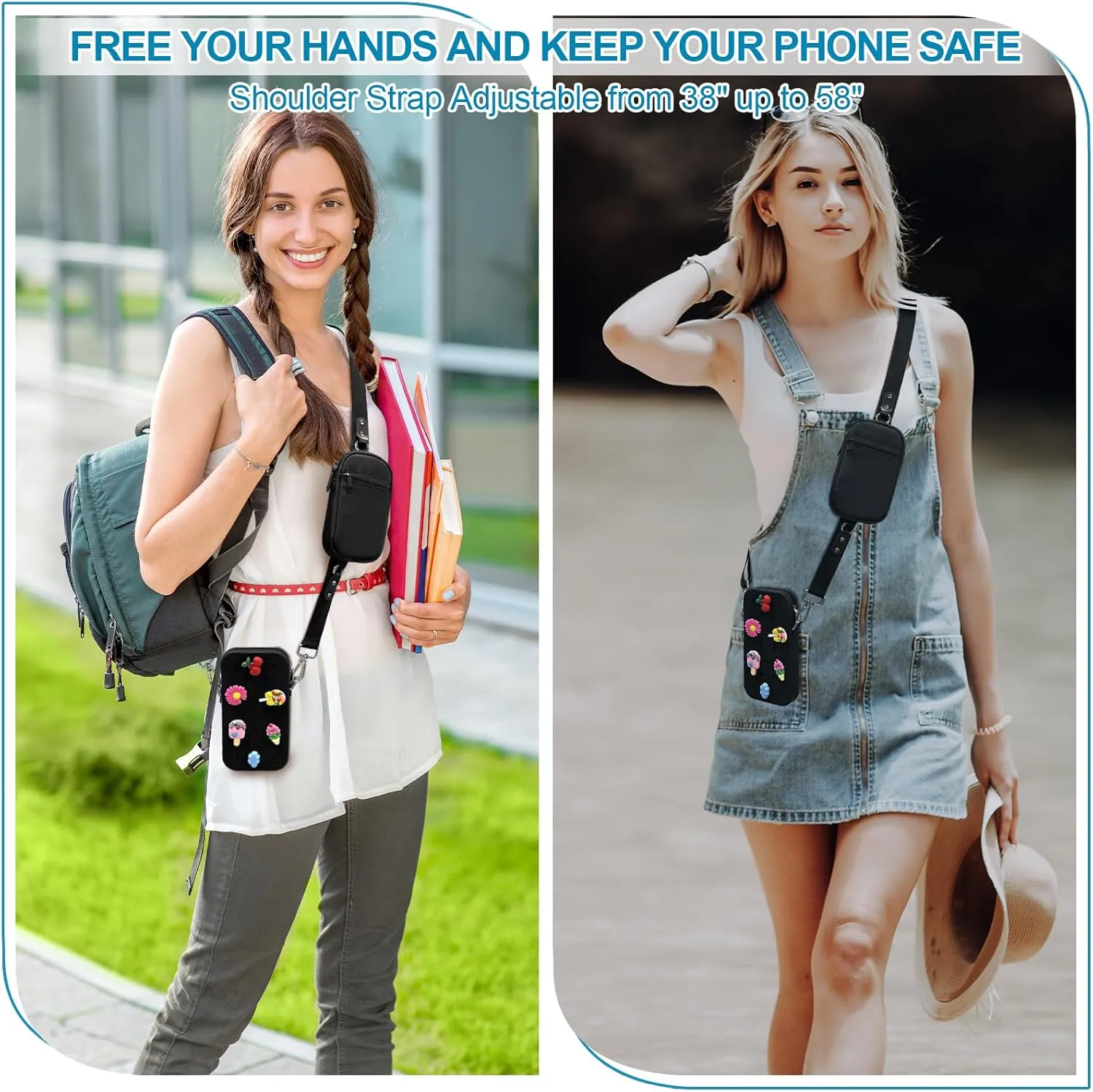 Clip and Go Phone Strap with Zipper Pouch, Adjustable Crossbody Phone Lanyard with Silicone Phone Bag and 10 Decorative Charms, Phone Strap with Wallet Compatible with Most Phones Black