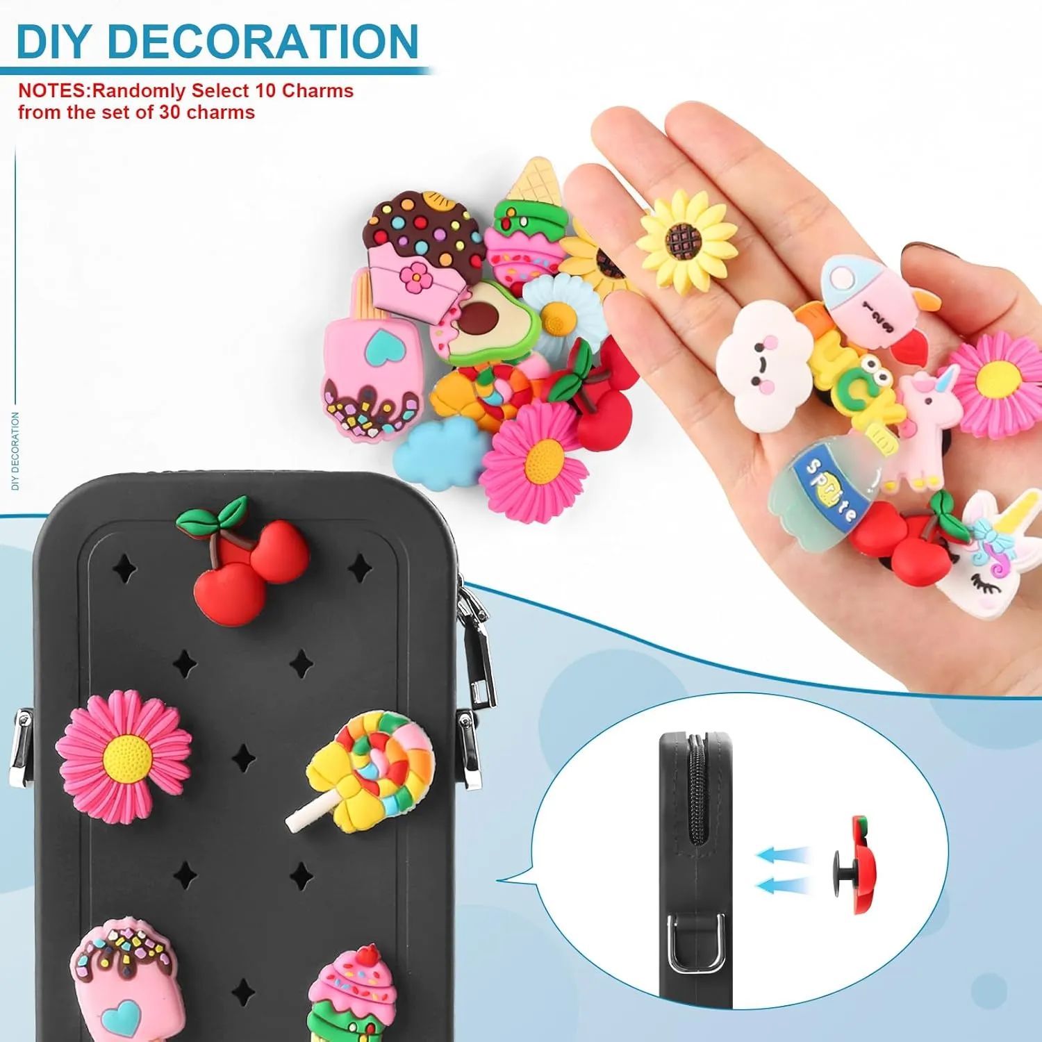 Clip and Go Phone Strap with Zipper Pouch, Adjustable Crossbody Phone Lanyard with Silicone Phone Bag and 10 Decorative Charms, Phone Strap with Wallet Compatible with Most Phones Black