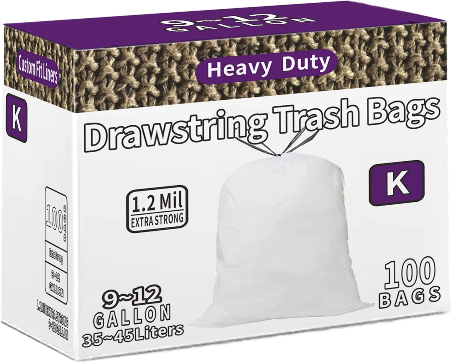 Code K Custom Fit Trash Bags Compatible with Simplehuman Code K | 100 Count | 9-12 Gallon / 35-45 Liter | 1.2 Mil | Heavy Duty White Drawstring Garbage Liners