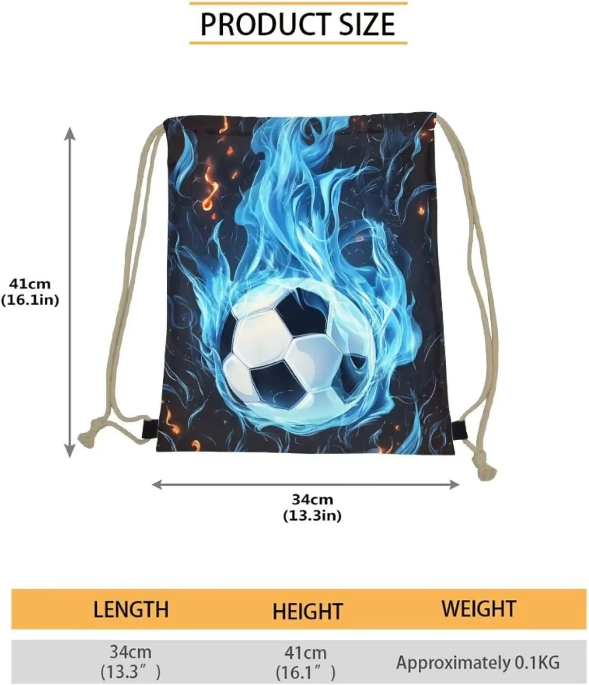 COEQINE Novelty Burning Soccer Bags For Boys Drawstring Backpack for Sports Gym Beach for Boys Teen Tote Bag for Hiking Travel Outdoor Sport Bag