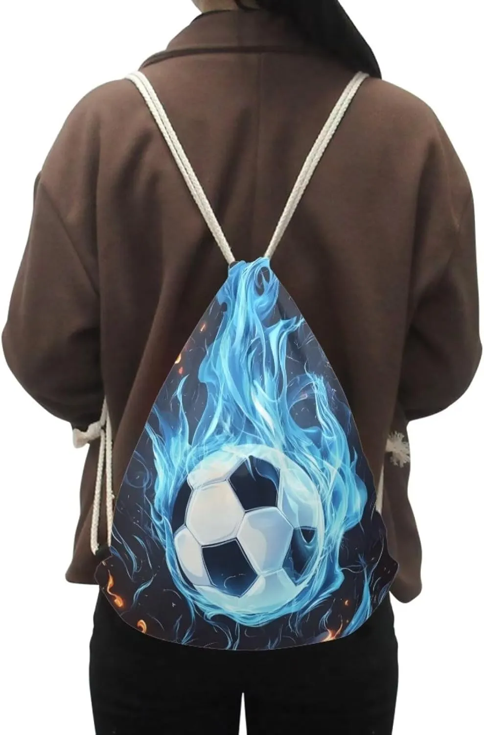COEQINE Novelty Burning Soccer Bags For Boys Drawstring Backpack for Sports Gym Beach for Boys Teen Tote Bag for Hiking Travel Outdoor Sport Bag