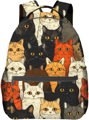 Colorful Cat Backpack, Cute Kitten Faces Polyester Dark Backpacks,Lightweight Double Shoulder Back Pack for Kids Teens,Cartoon Bookbag,School Bag Gifts,Casual Travel Daypack Book Packs