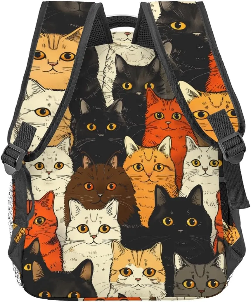 Colorful Cat Backpack, Cute Kitten Faces Polyester Dark Backpacks,Lightweight Double Shoulder Back Pack for Kids Teens,Cartoon Bookbag,School Bag Gifts,Casual Travel Daypack Book Packs