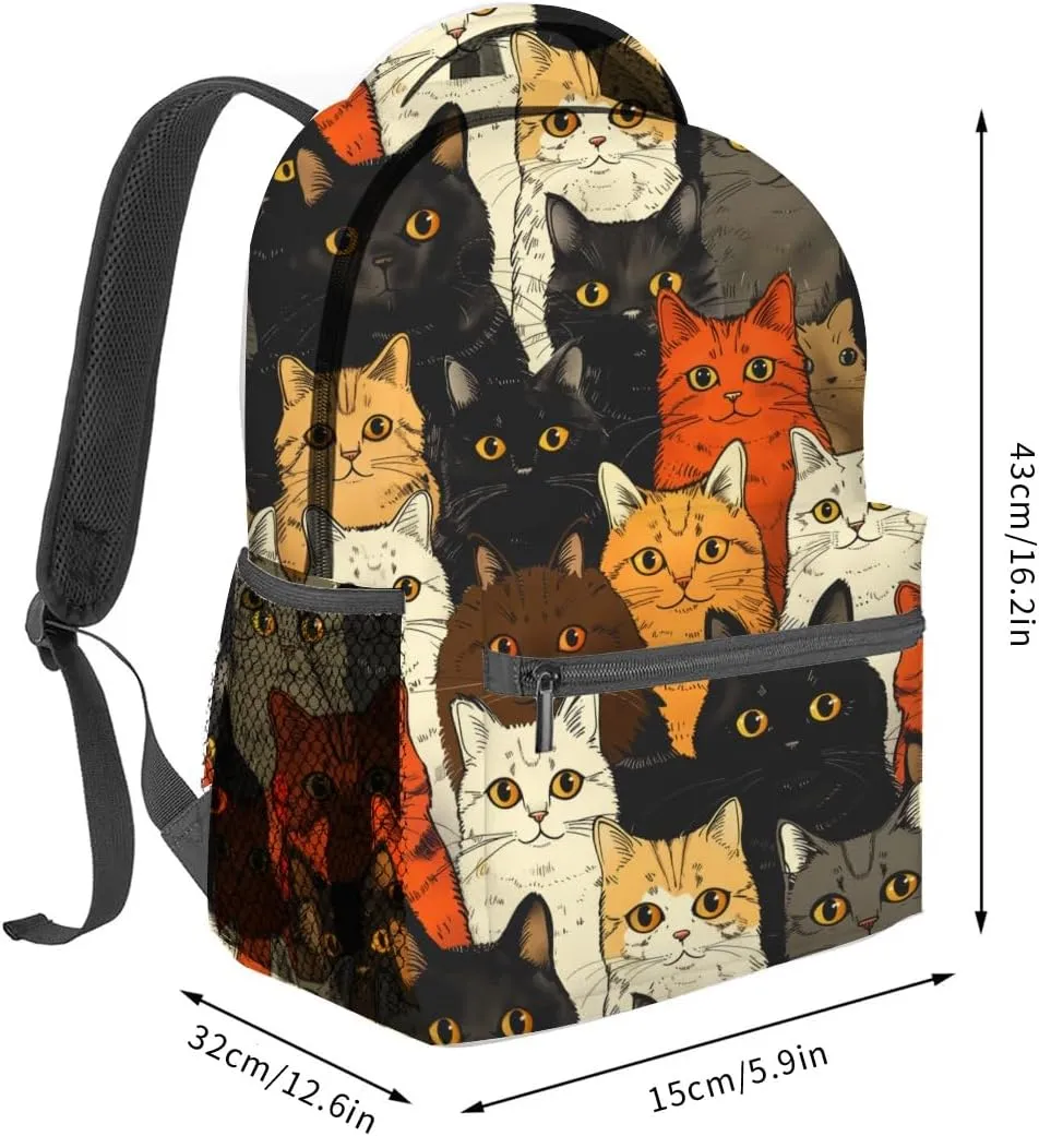 Colorful Cat Backpack, Cute Kitten Faces Polyester Dark Backpacks,Lightweight Double Shoulder Back Pack for Kids Teens,Cartoon Bookbag,School Bag Gifts,Casual Travel Daypack Book Packs