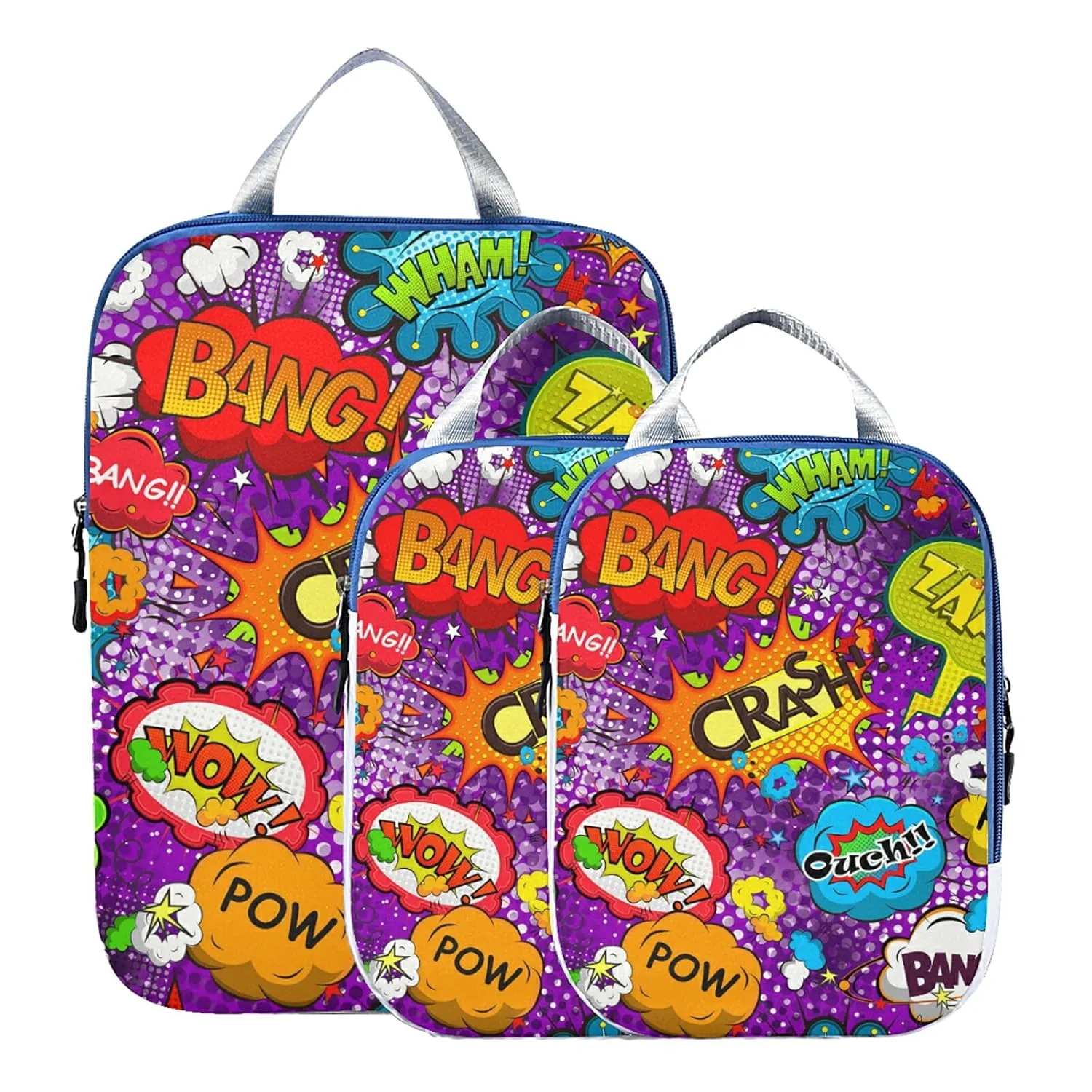 Colorful Comic Speech Bubbles Seamless Patternon Purple 3 Set Packing Cubes, Waterproof Check Oxford cloth Organizers, Travel Packing Toiletry Storage Bag