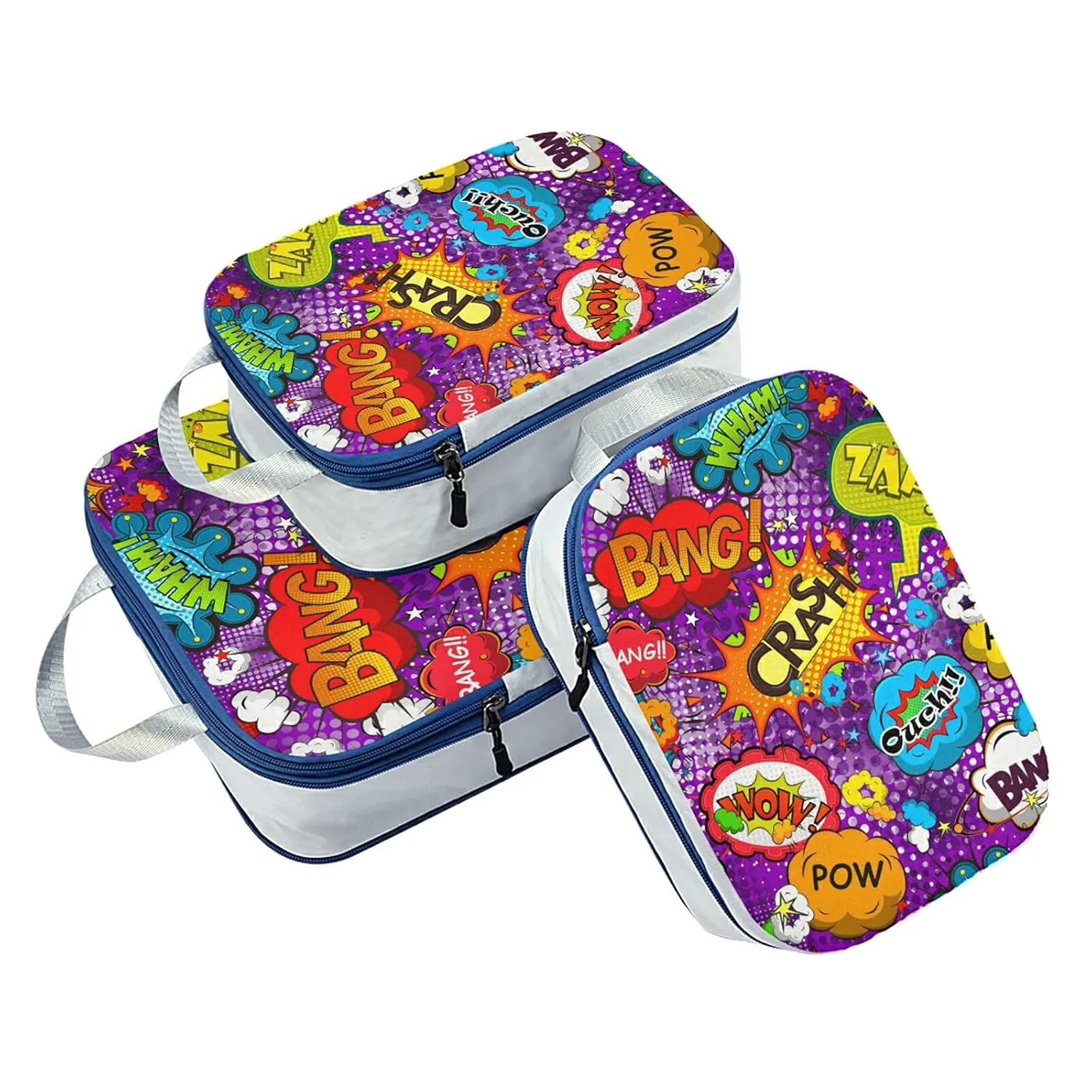 Colorful Comic Speech Bubbles Seamless Patternon Purple 3 Set Packing Cubes, Waterproof Check Oxford cloth Organizers, Travel Packing Toiletry Storage Bag