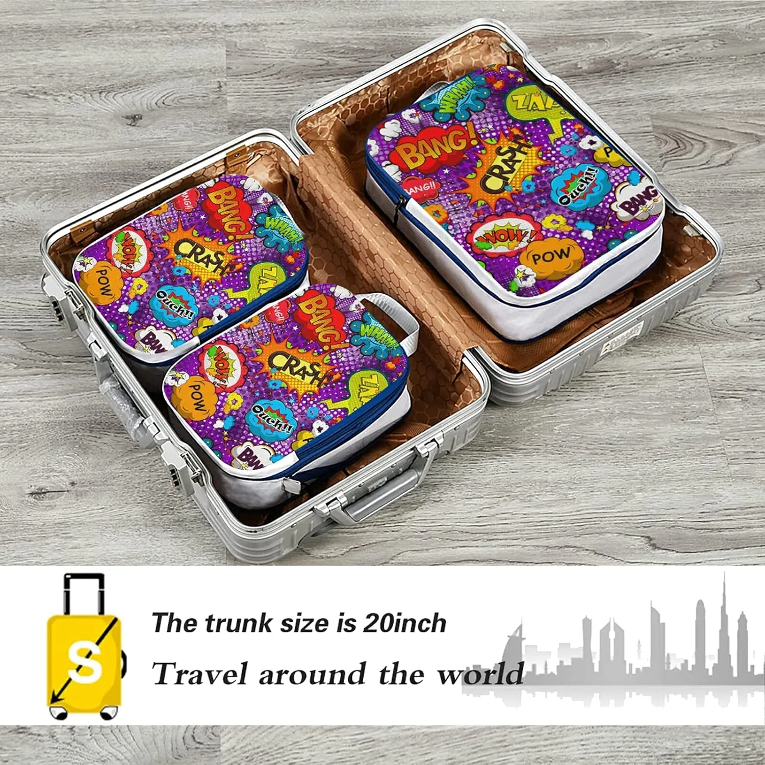 Colorful Comic Speech Bubbles Seamless Patternon Purple 3 Set Packing Cubes, Waterproof Check Oxford cloth Organizers, Travel Packing Toiletry Storage Bag