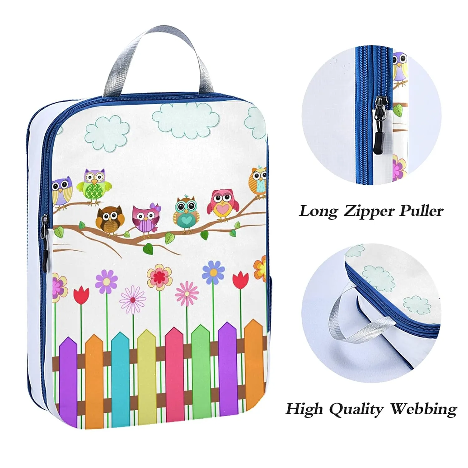 Colorful Owls on a Branch Cloud over Fence with Flowers 3 Set Packing Cubes, Waterproof Check Oxford cloth Organizers, Travel Packing Toiletry Storage Bag