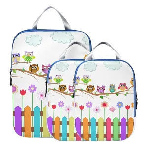 Colorful Owls on a Branch Cloud over Fence with Flowers 3 Set Packing Cubes, Waterproof Check Oxford cloth Organizers, Travel Packing Toiletry Storage Bag
