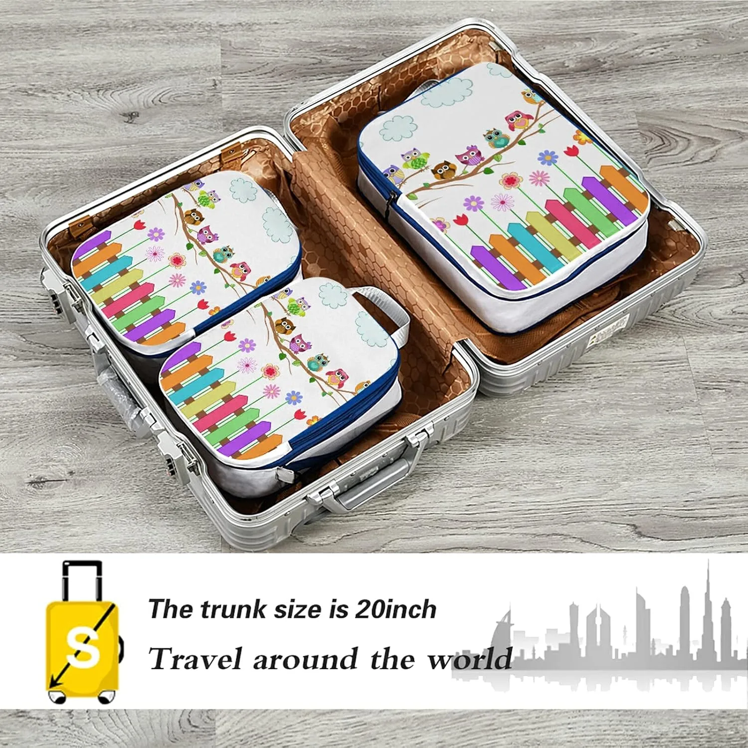 Colorful Owls on a Branch Cloud over Fence with Flowers 3 Set Packing Cubes, Waterproof Check Oxford cloth Organizers, Travel Packing Toiletry Storage Bag