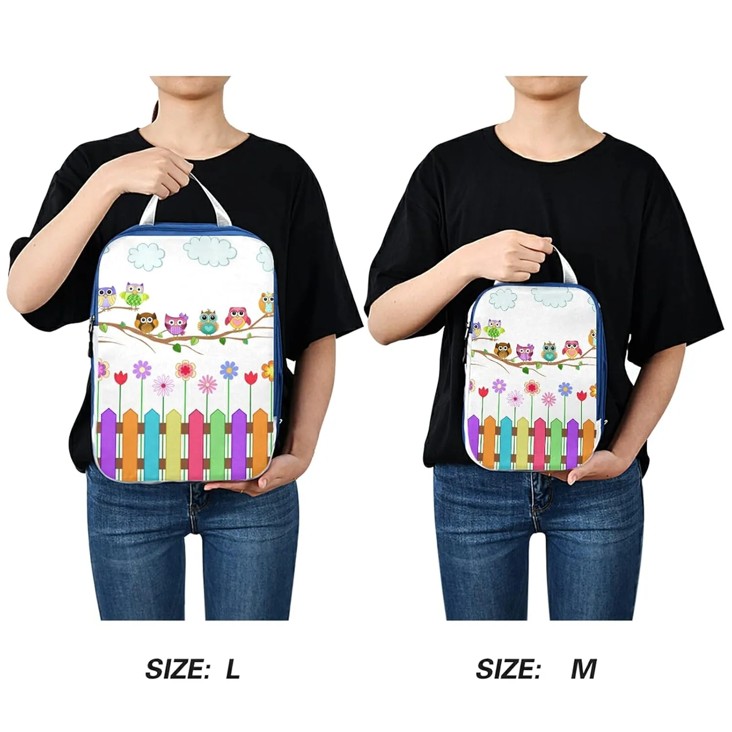 Colorful Owls on a Branch Cloud over Fence with Flowers 3 Set Packing Cubes, Waterproof Check Oxford cloth Organizers, Travel Packing Toiletry Storage Bag