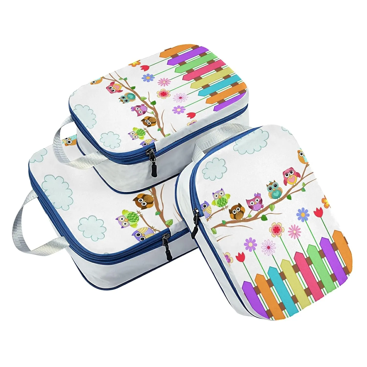 Colorful Owls on a Branch Cloud over Fence with Flowers 3 Set Packing Cubes, Waterproof Check Oxford cloth Organizers, Travel Packing Toiletry Storage Bag