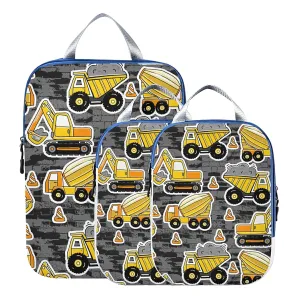 Construction Yellow Machinery with Truck Crane and Bulldozer on Grey 3 Set Packing Cubes, Waterproof Check Oxford cloth Organizers, Travel Packing Toiletry Storage Bag