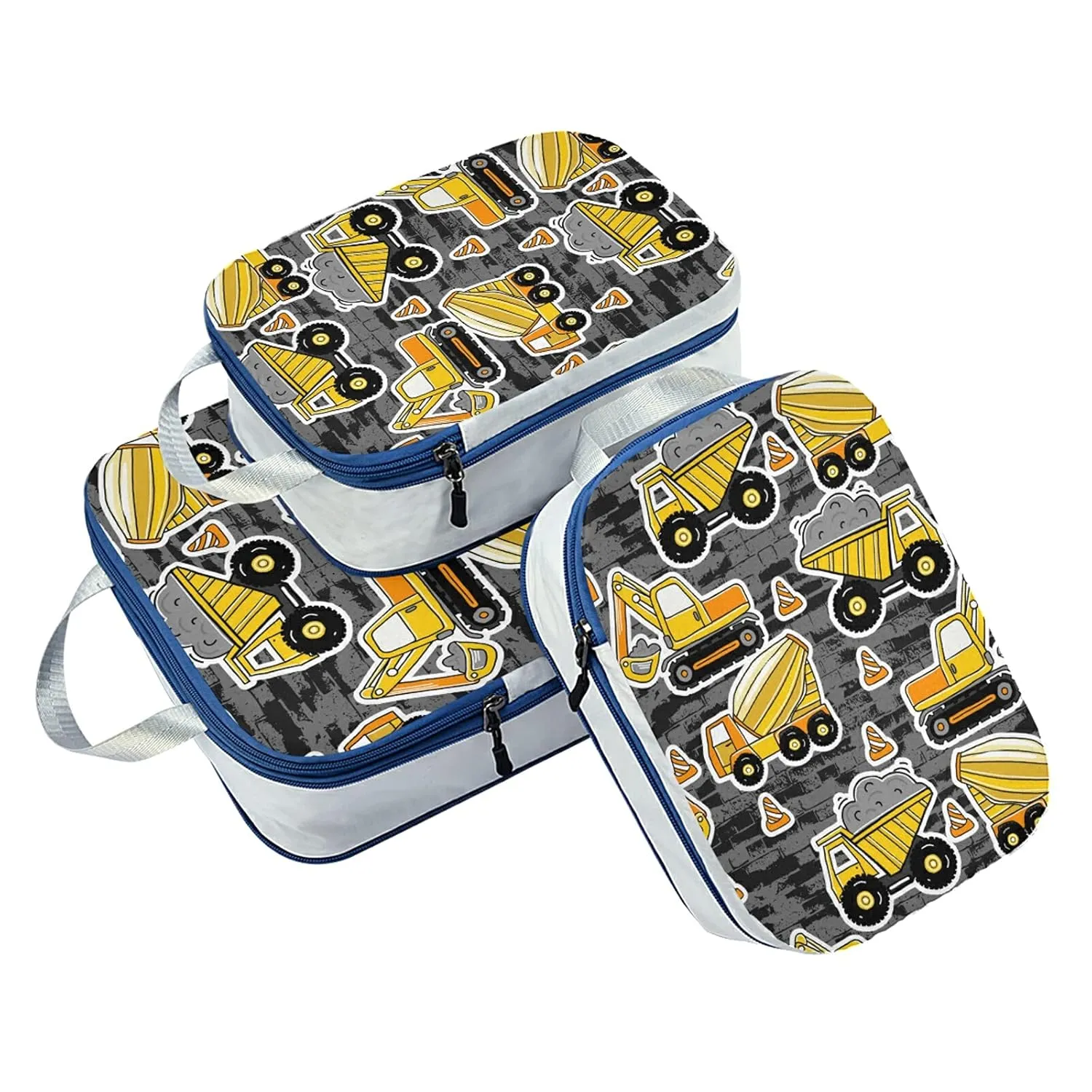 Construction Yellow Machinery with Truck Crane and Bulldozer on Grey 3 Set Packing Cubes, Waterproof Check Oxford cloth Organizers, Travel Packing Toiletry Storage Bag