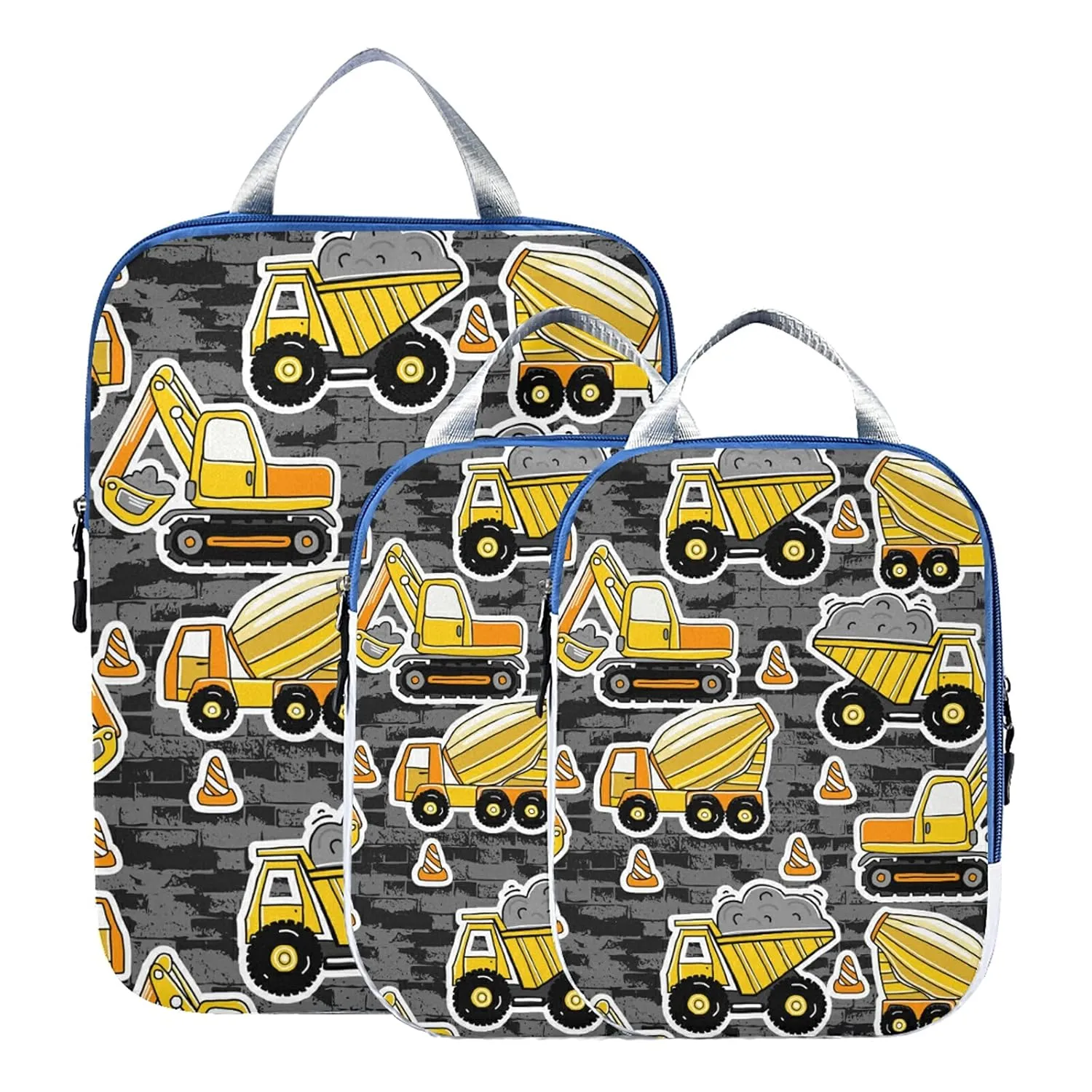 Construction Yellow Machinery with Truck Crane and Bulldozer on Grey 3 Set Packing Cubes, Waterproof Check Oxford cloth Organizers, Travel Packing Toiletry Storage Bag