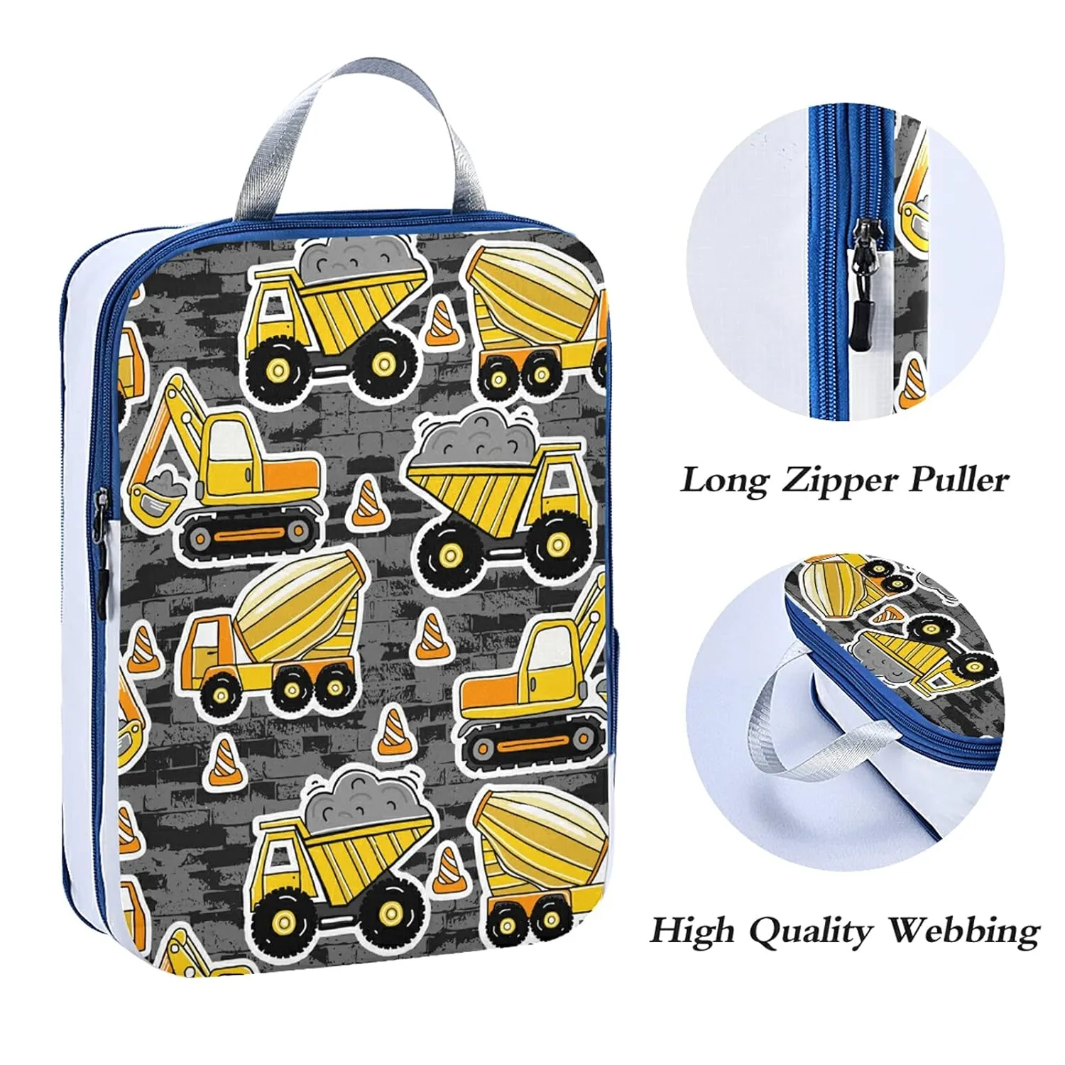 Construction Yellow Machinery with Truck Crane and Bulldozer on Grey 3 Set Packing Cubes, Waterproof Check Oxford cloth Organizers, Travel Packing Toiletry Storage Bag