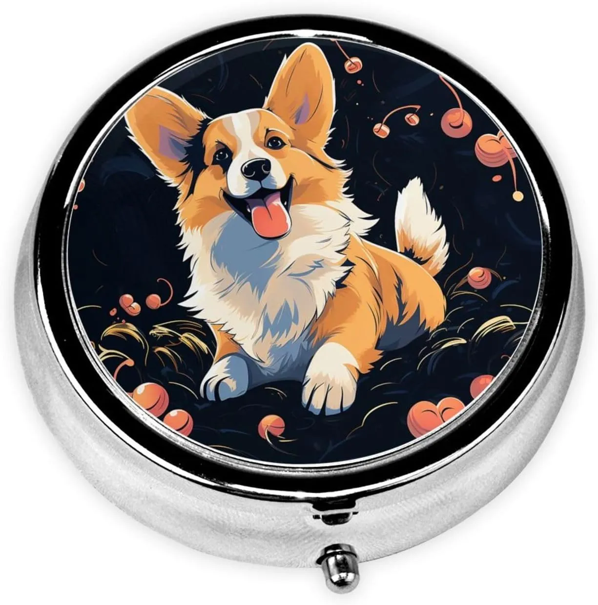Corgi Dog on Dark Background Pill Box Round Pill Case for Pocket Purse 3 Compartment Medicine Pill Organizer Cute Portable Travel Pillbox Vitamin Cod Liver Oil Storage Box Unique Gift Organizer