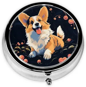 Corgi Dog on Dark Background Pill Box Round Pill Case for Pocket Purse 3 Compartment Medicine Pill Organizer Cute Portable Travel Pillbox Vitamin Cod Liver Oil Storage Box Unique Gift Organizer