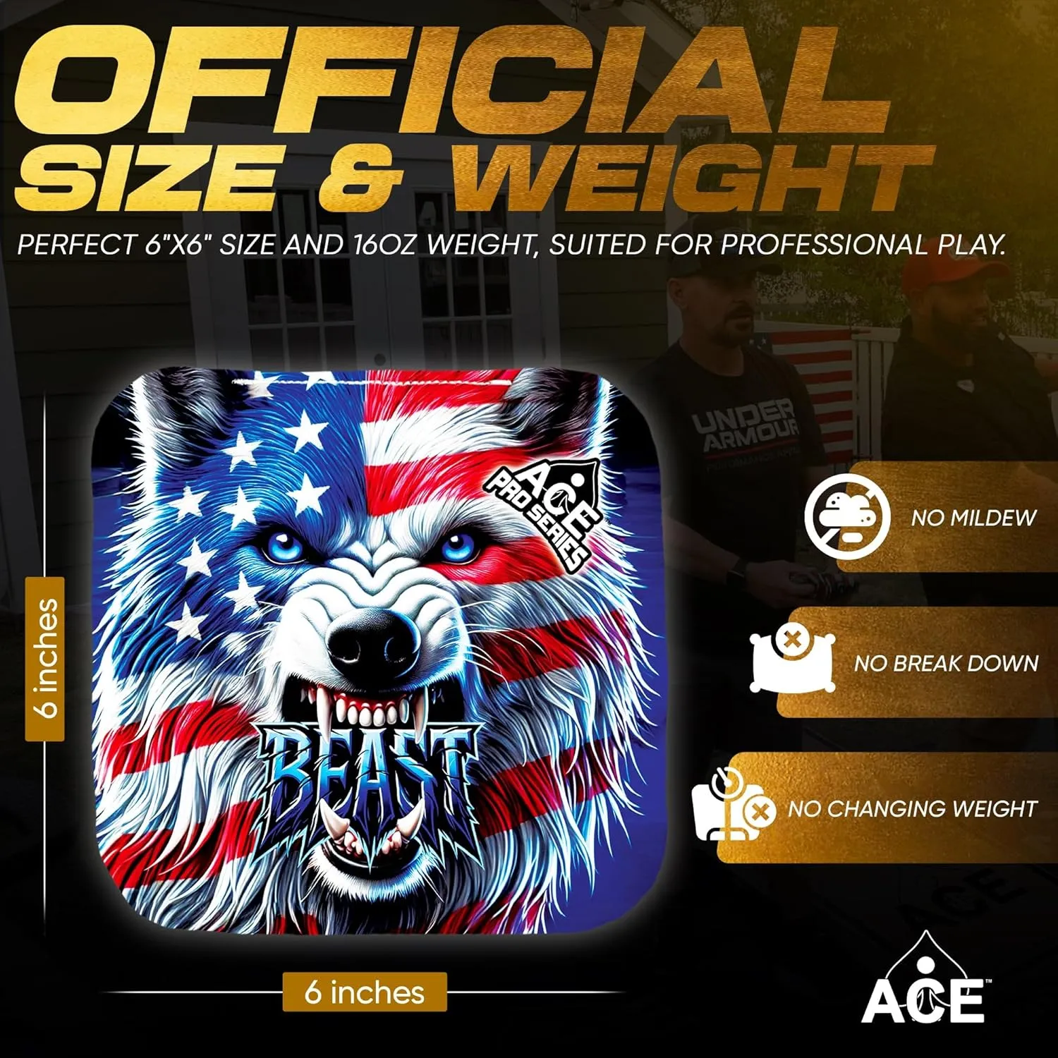 CornholeAce PRO Beast Carpet Cornhole Bags (Set of 4) | Herringbone Fabric, Waterproof, Plastic Resin Filled, Dual Sided, Professional, Regulation Size, 6x6, 16oz, Made in USA