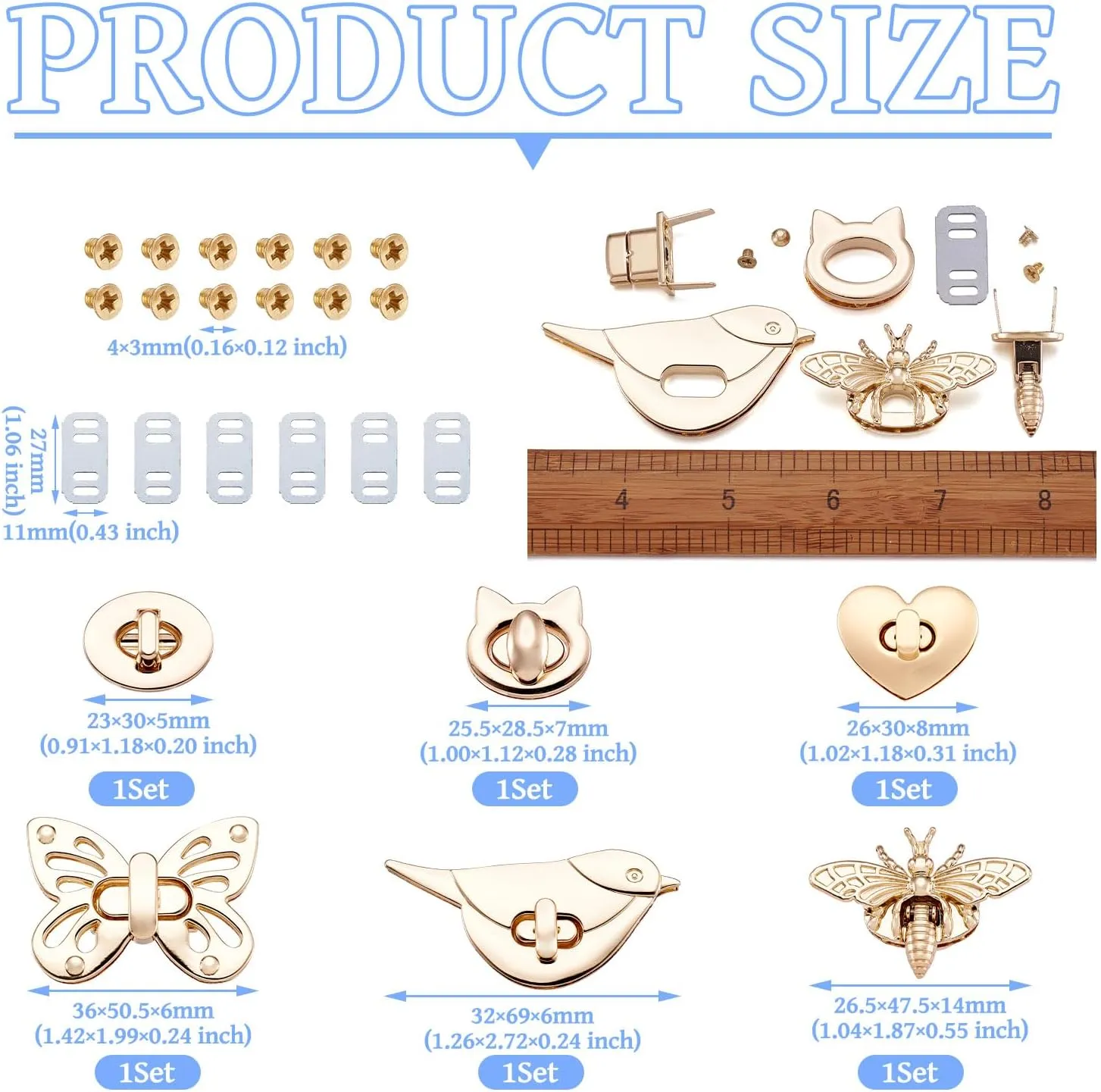 Craftdady 6 Sets Purse Turn Lock Clutches Closures Bees Butterfly Bird Cat Oval Heart Purse Twist Lock Handbag Bag Hardware Accessory