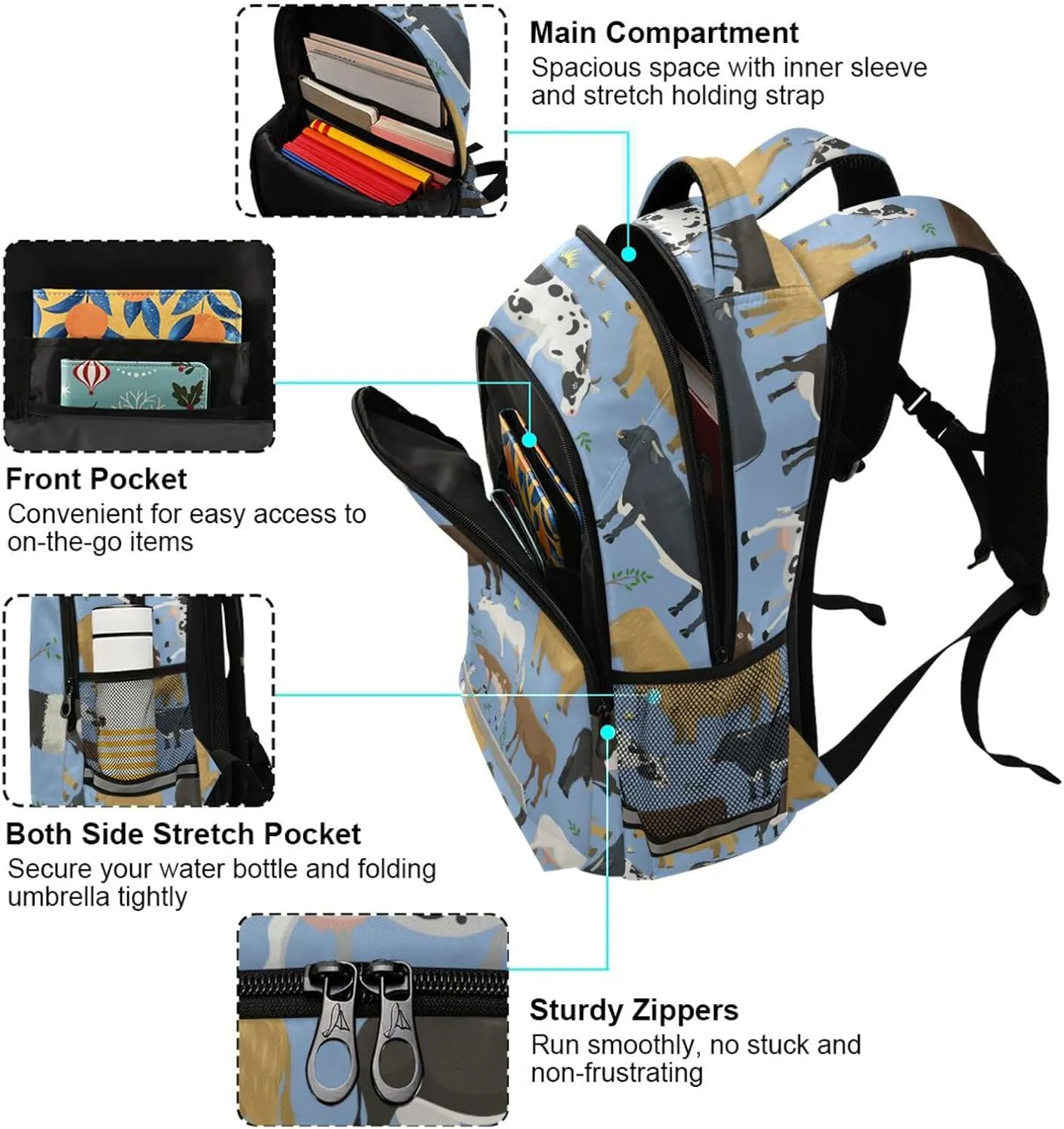 Custom Backpack for Men Women Bulls and Cows Farm Animal Personalized Name Kids Backpack for Girls Boys Customized Travel Laptop Bag Casual Backpacks