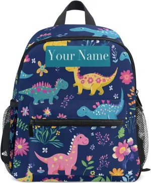 Custom Colored Dinosaur Flower Kids Backpack for Girls Boys, Childish Dino Toddler Casual Daypack Backpacks, Personalized with Kid's Name Preschool School Bag, Children Travel Bookbag with Chest Strap