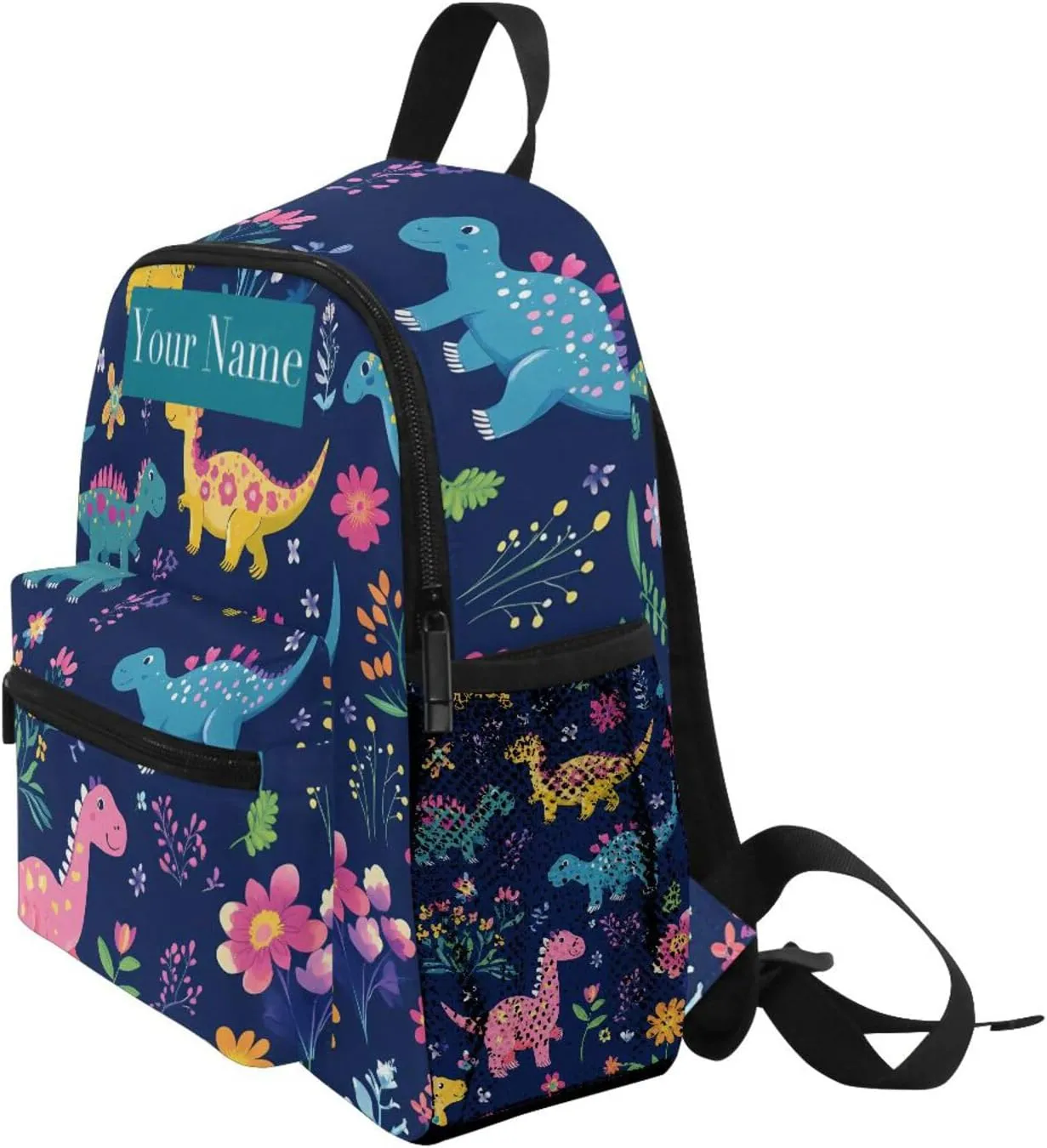 Custom Colored Dinosaur Flower Kids Backpack for Girls Boys, Childish Dino Toddler Casual Daypack Backpacks, Personalized with Kid's Name Preschool School Bag, Children Travel Bookbag with Chest Strap