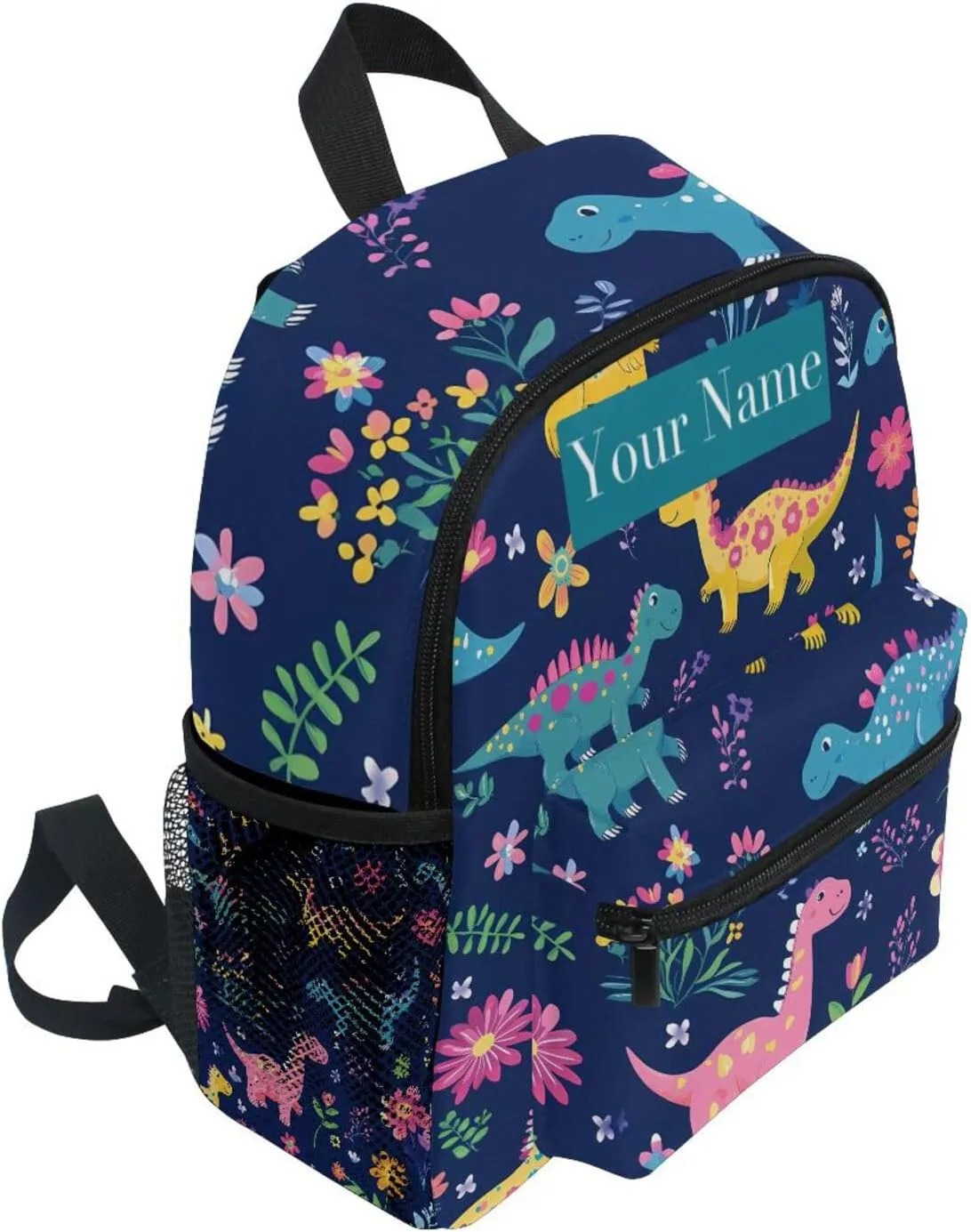 Custom Colored Dinosaur Flower Kids Backpack for Girls Boys, Childish Dino Toddler Casual Daypack Backpacks, Personalized with Kid's Name Preschool School Bag, Children Travel Bookbag with Chest Strap