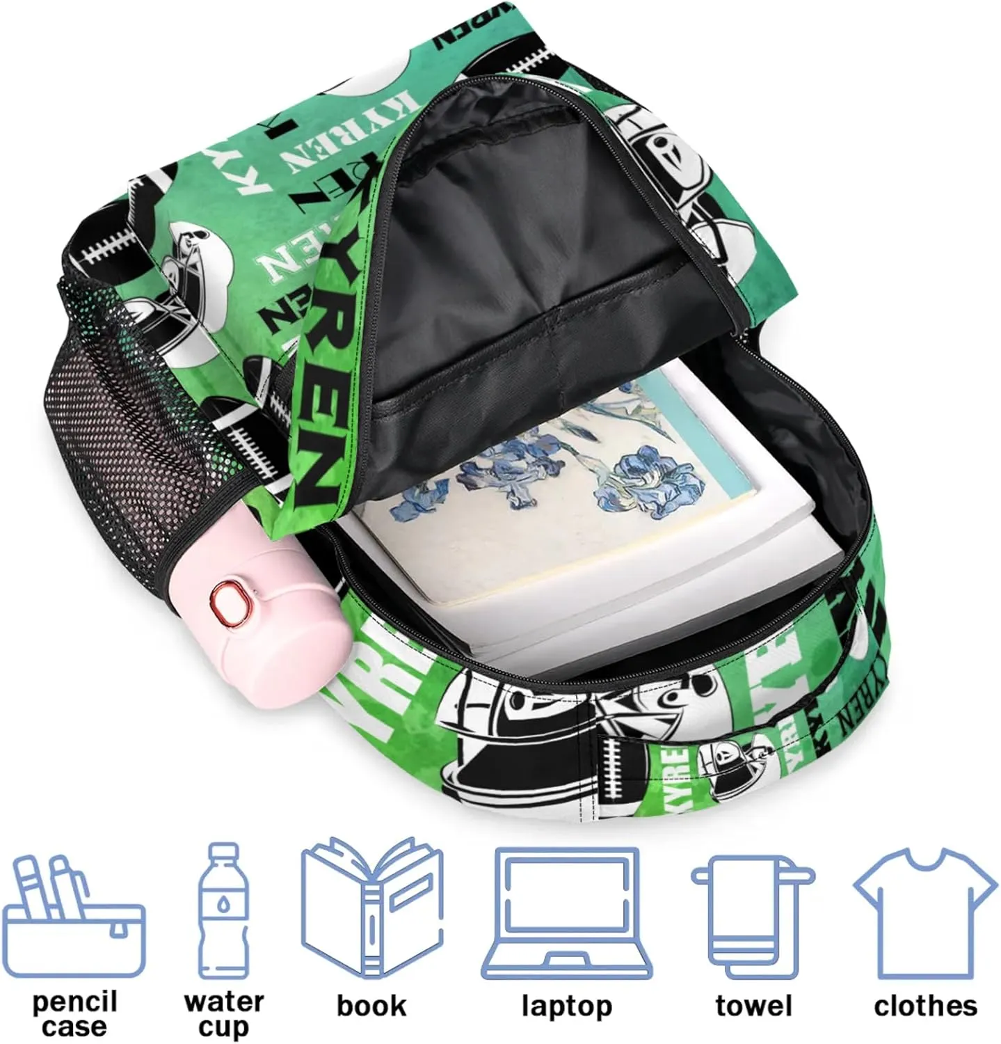 Custom Football Backpack for Men Women, Personalized Name Sports Bag Backpack, Laptop Backpacks Daypack for Travel Camping, Dark Green