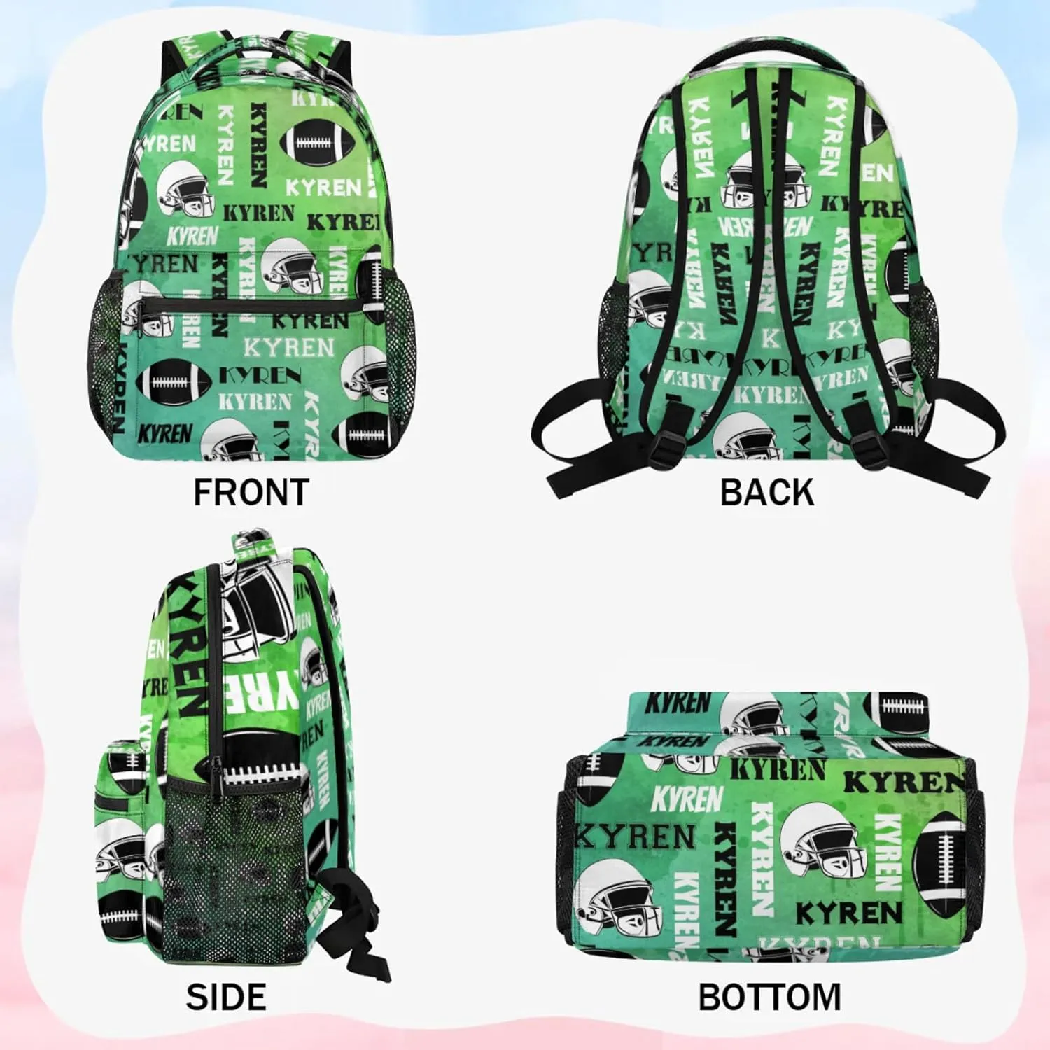 Custom Football Backpack for Men Women, Personalized Name Sports Bag Backpack, Laptop Backpacks Daypack for Travel Camping, Dark Green