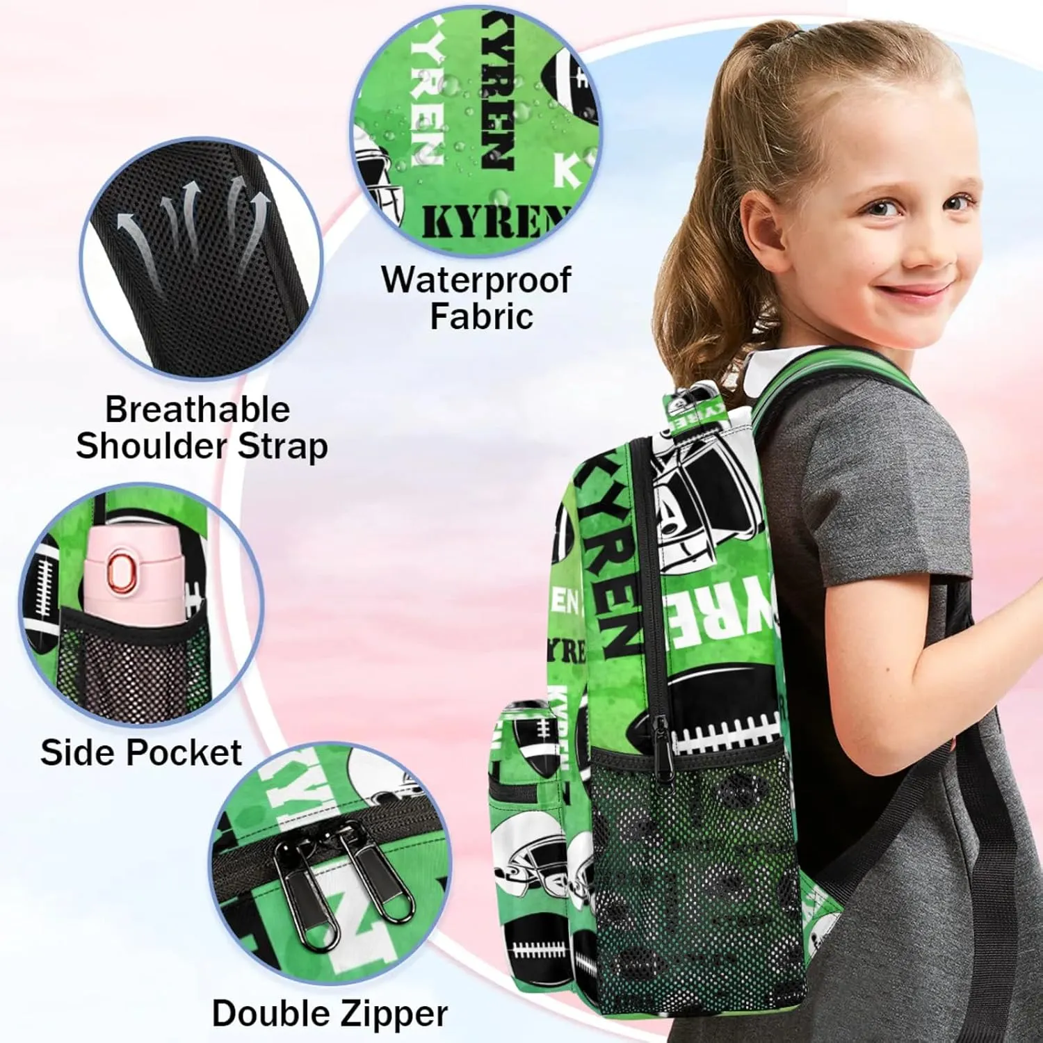 Custom Football Backpack for Men Women, Personalized Name Sports Bag Backpack, Laptop Backpacks Daypack for Travel Camping, Dark Green