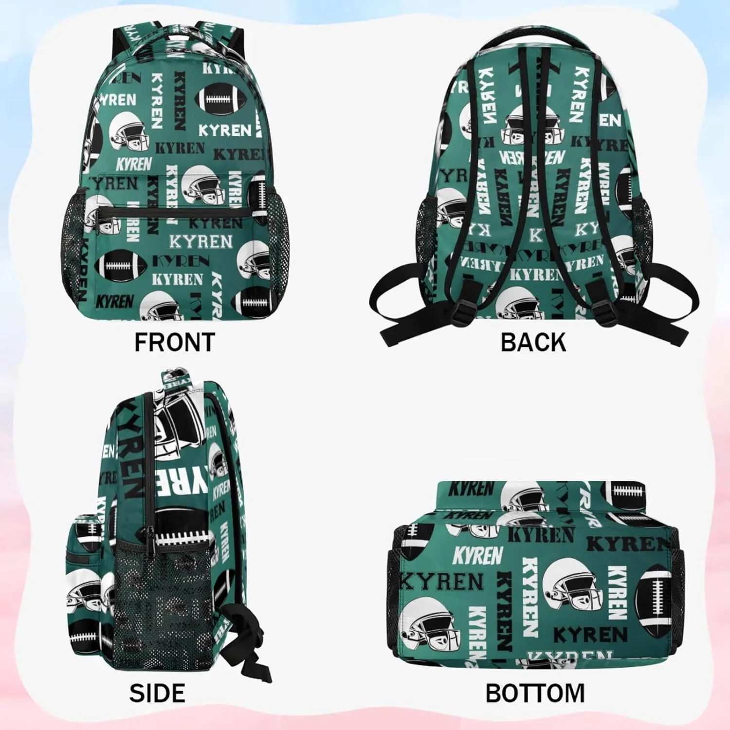 Custom Name Football Backpack for Men Women, Personalized Sports Bag Backpack, Laptop Backpacks Daypack for Travel Camping, Dark Green Blue