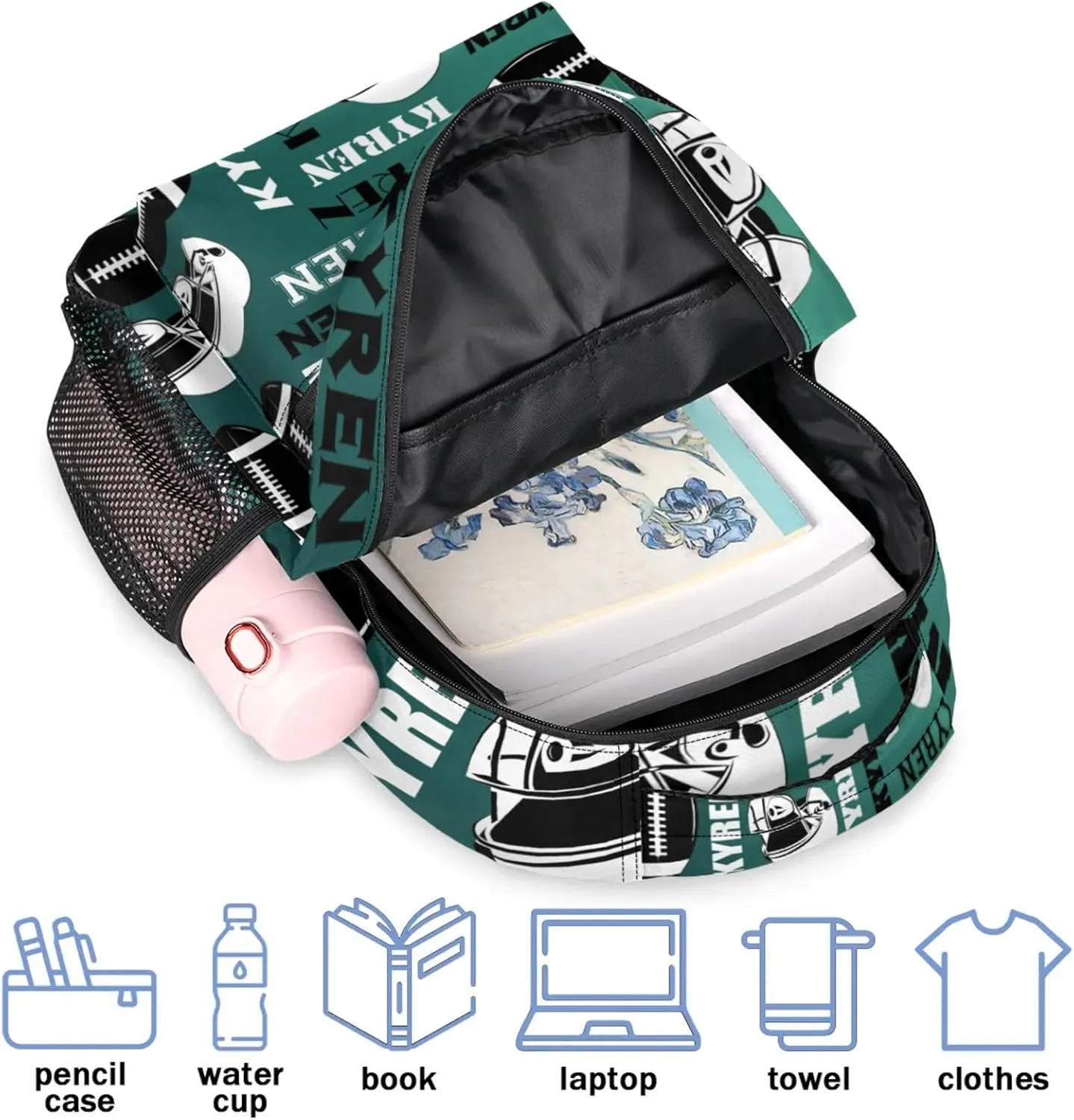 Custom Name Football Backpack for Men Women, Personalized Sports Bag Backpack, Laptop Backpacks Daypack for Travel Camping, Dark Green Blue