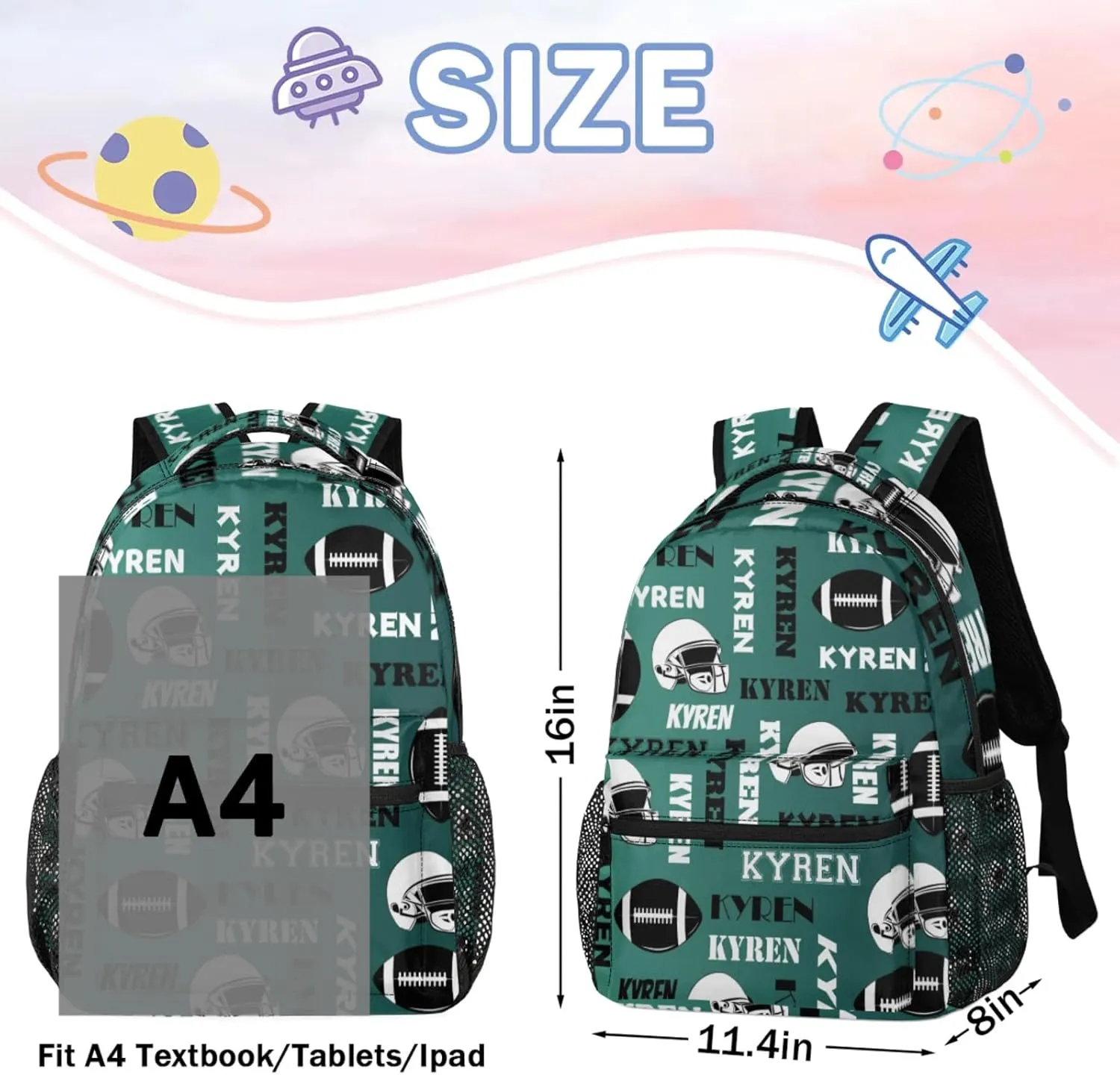 Custom Name Football Backpack for Men Women, Personalized Sports Bag Backpack, Laptop Backpacks Daypack for Travel Camping, Dark Green Blue