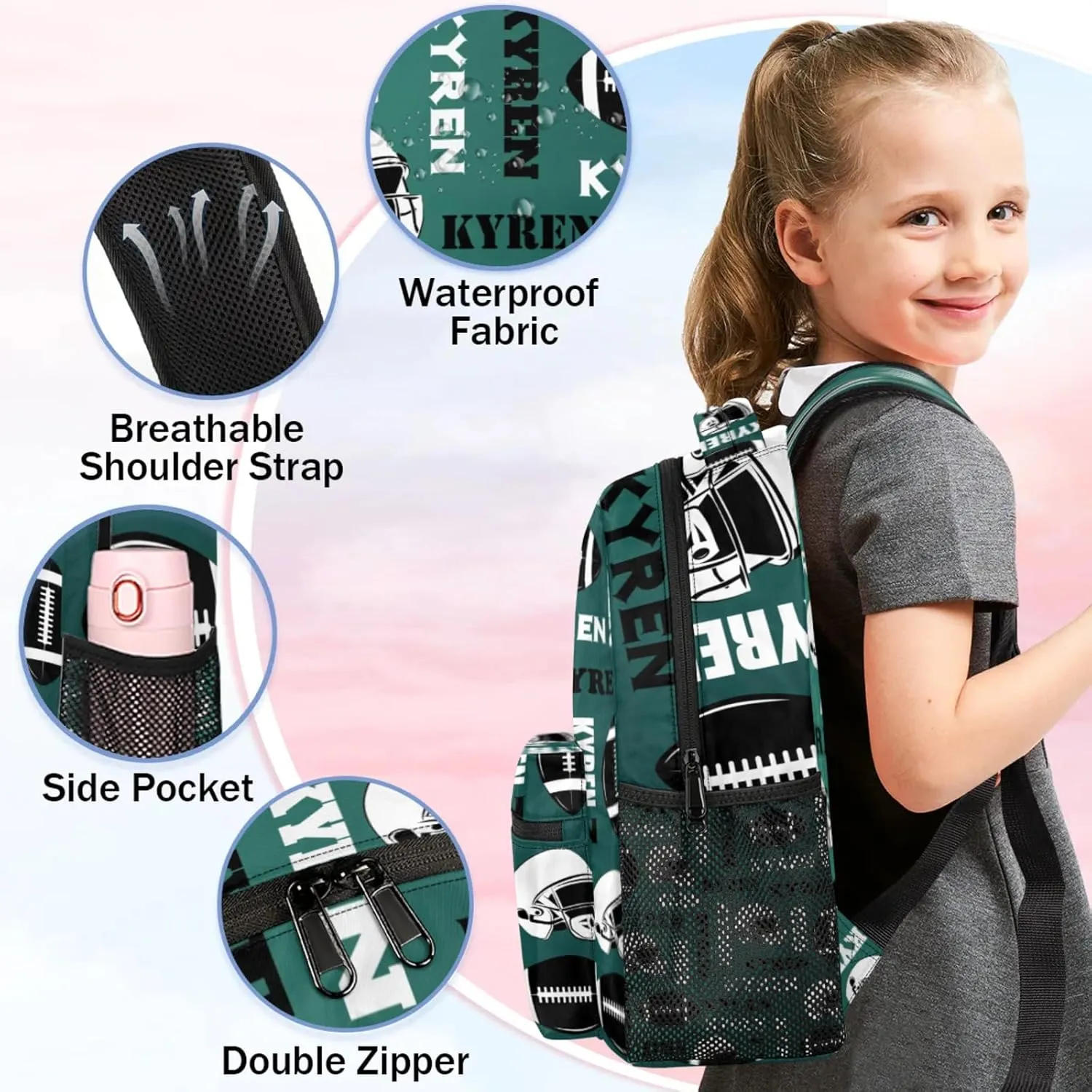 Custom Name Football Backpack for Men Women, Personalized Sports Bag Backpack, Laptop Backpacks Daypack for Travel Camping, Dark Green Blue