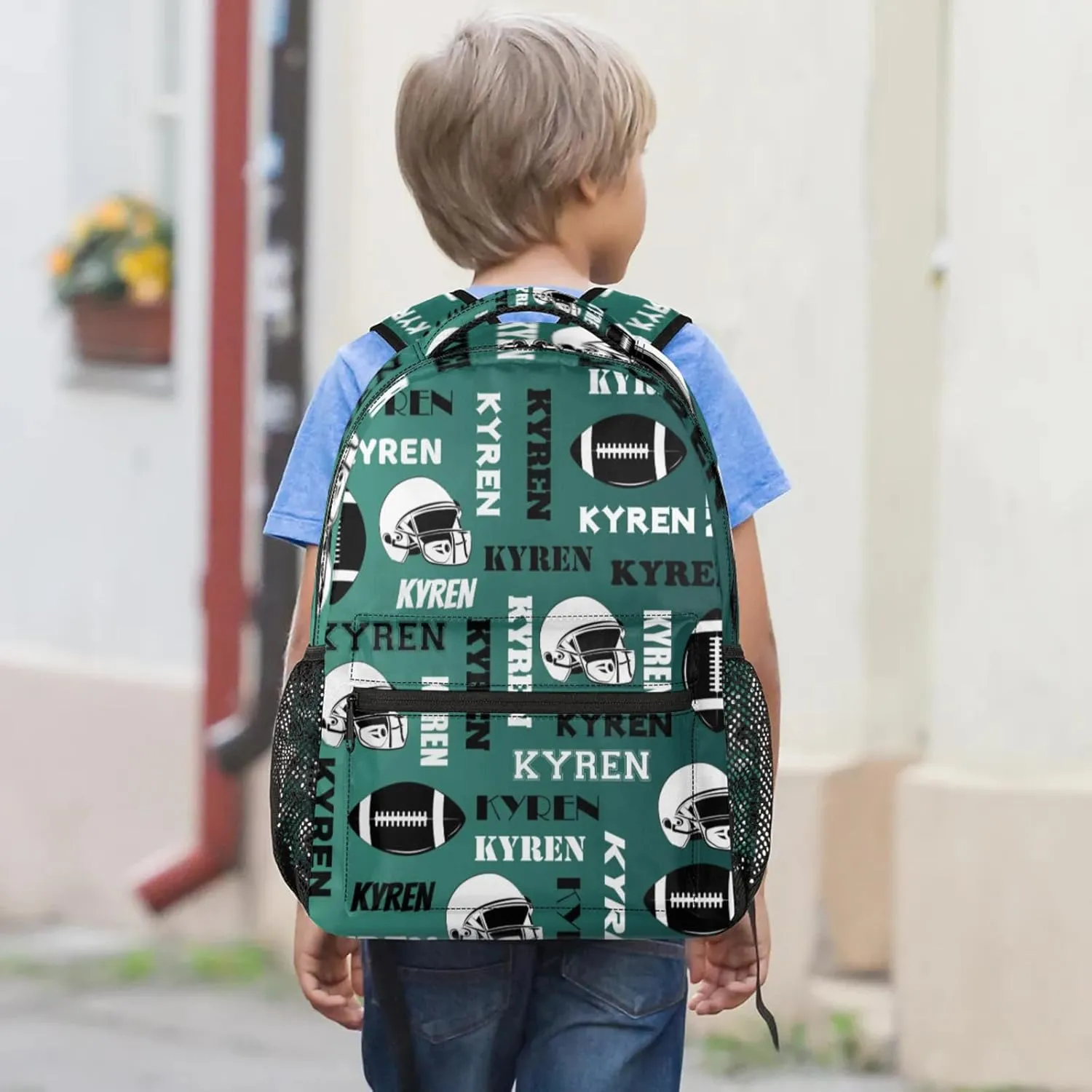 Custom Name Football Backpack for Men Women, Personalized Sports Bag Backpack, Laptop Backpacks Daypack for Travel Camping, Dark Green Blue