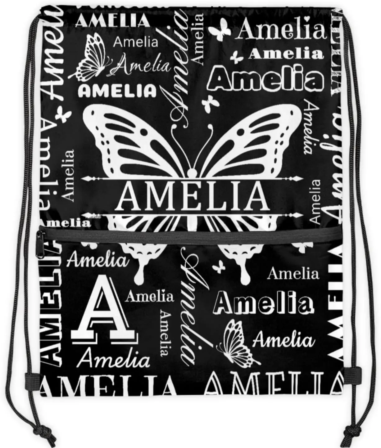 Custom Sports Drawstring Backpacks with Name Dance Gymnastics Bag, Butterfly Design Personalized Drawstring Sport Bags for Gym Beach Travel, Black