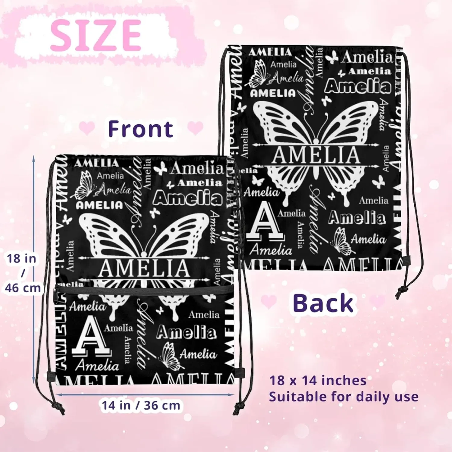 Custom Sports Drawstring Backpacks with Name Dance Gymnastics Bag, Butterfly Design Personalized Drawstring Sport Bags for Gym Beach Travel, Black