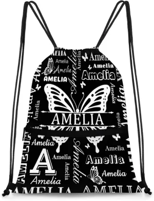 Custom Sports Drawstring Backpacks with Name Dance Gymnastics Bag, Butterfly Design Personalized Drawstring Sport Bags for Gym Beach Travel, Black