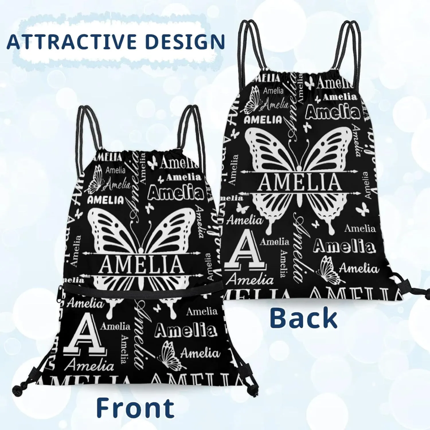 Custom Sports Drawstring Backpacks with Name Dance Gymnastics Bag, Butterfly Design Personalized Drawstring Sport Bags for Gym Beach Travel, Black