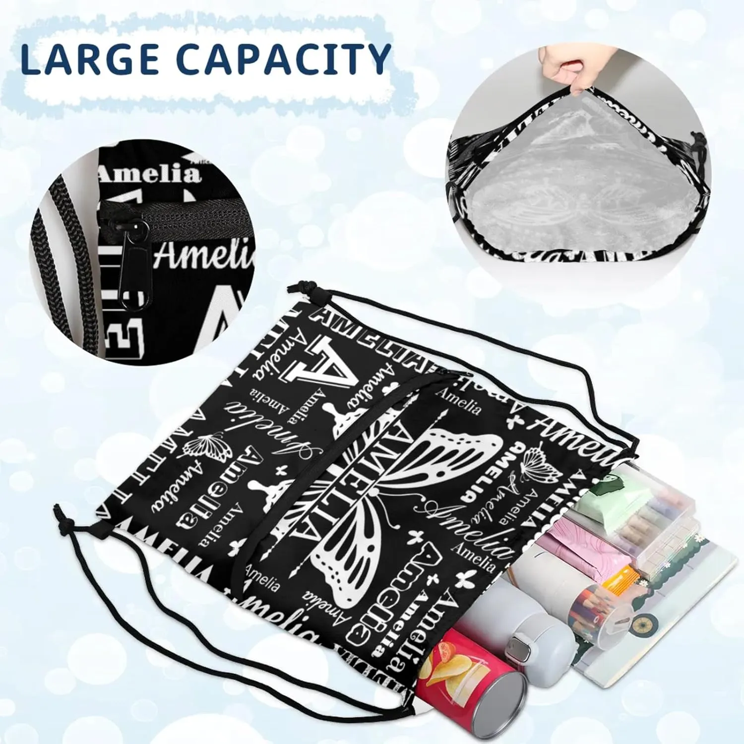 Custom Sports Drawstring Backpacks with Name Dance Gymnastics Bag, Butterfly Design Personalized Drawstring Sport Bags for Gym Beach Travel, Black