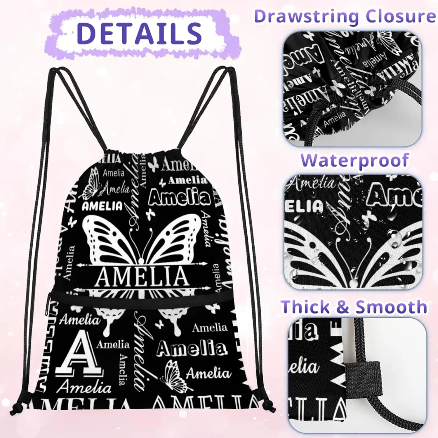 Custom Sports Drawstring Backpacks with Name Dance Gymnastics Bag, Butterfly Design Personalized Drawstring Sport Bags for Gym Beach Travel, Black
