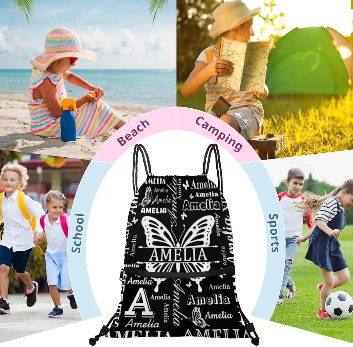 Custom Sports Drawstring Backpacks with Name Dance Gymnastics Bag, Butterfly Design Personalized Drawstring Sport Bags for Gym Beach Travel, Black