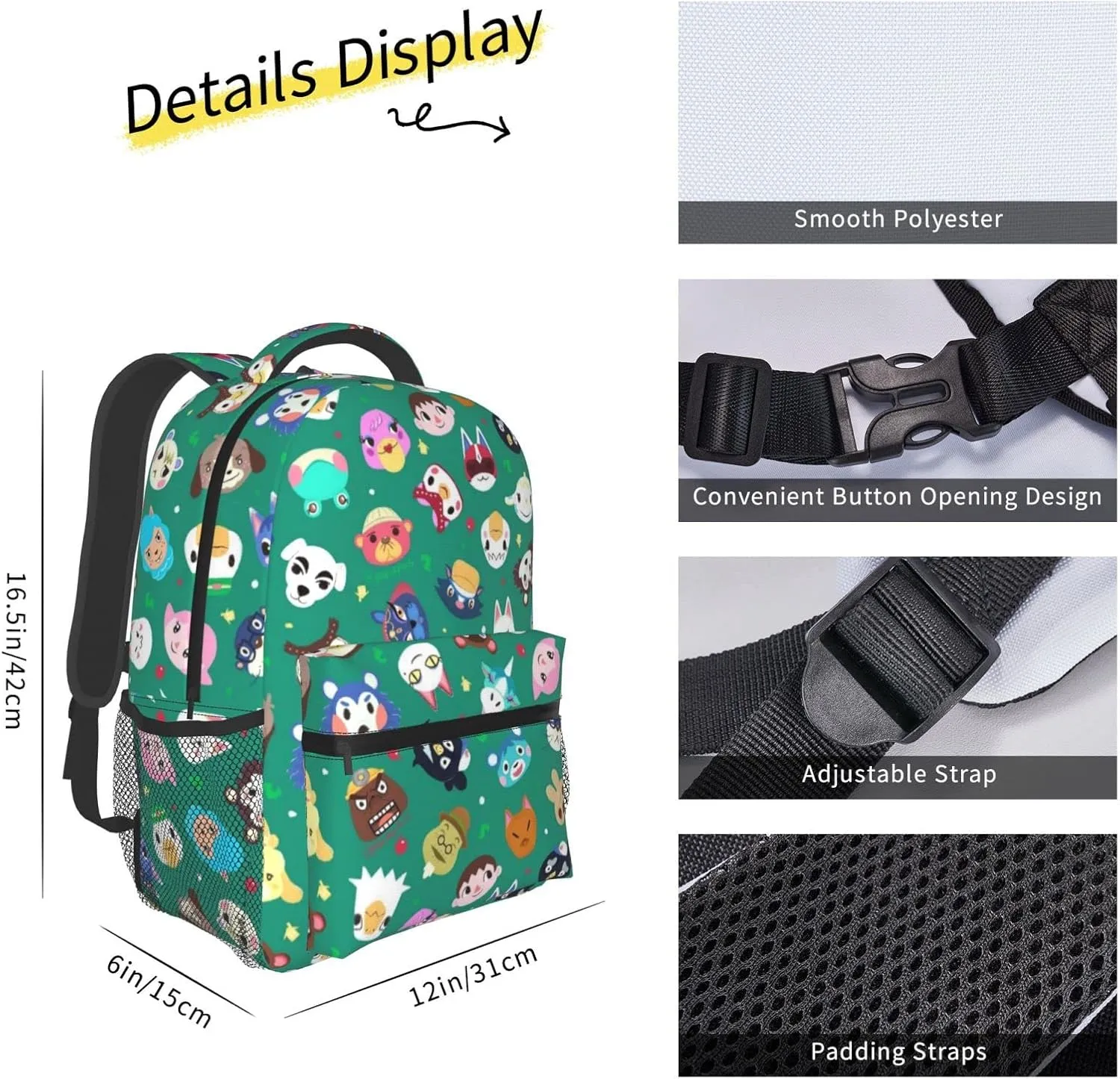 Cute Animal Pattern Laptop Backpack Girls Boys Bookbag Fashion Casual Travel Bag Preschool Large Daypack For With Chest Strap Multi-Pocket One Size Green