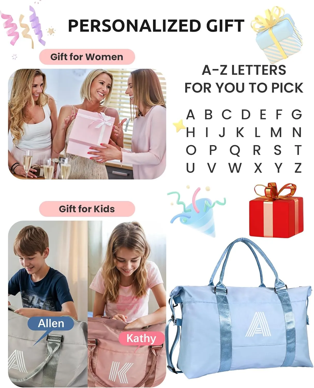 Cute Bags for Girls, Initial Travel Duffel Bag, Sports Gym Bag, Personalized Weekender Bag with Shoulder Strap, Monogram Overnight Bag, Birthday Gifts for Kids (Letter E)