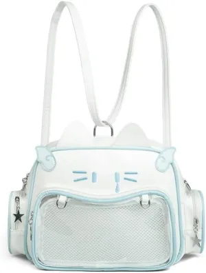 Cute Cat Ita Bag Pin Display Backpack PU Leather Tote Crossbody Bag White