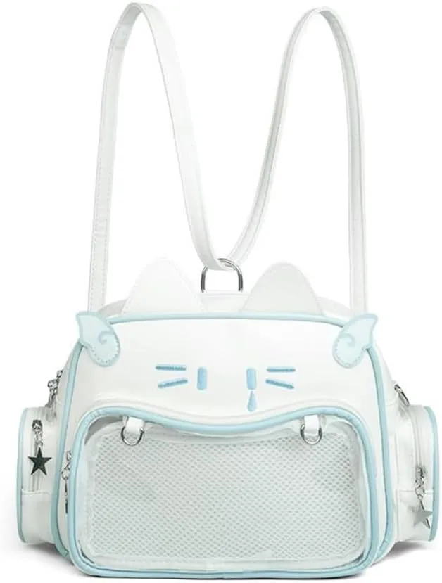Cute Cat Ita Bag Pin Display Backpack PU Leather Tote Crossbody Bag White