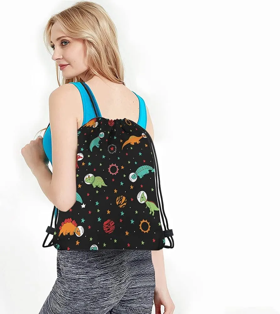 Cute Dinosaur Astronauts Drawstring Bags Backpack Bag Outer Space Galaxy Planet Spaceship Stars Cool Animal Sport Gym Sack Drawstring Bag String Bag Yoga Bag for Men Women