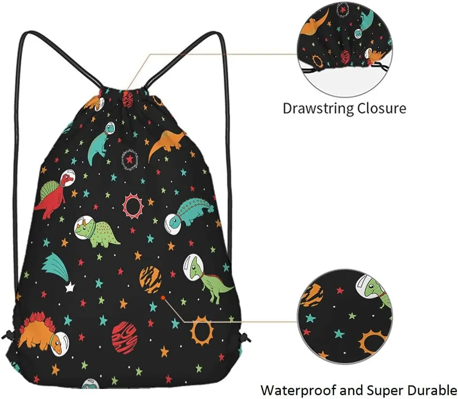 Cute Dinosaur Astronauts Drawstring Bags Backpack Bag Outer Space Galaxy Planet Spaceship Stars Cool Animal Sport Gym Sack Drawstring Bag String Bag Yoga Bag for Men Women