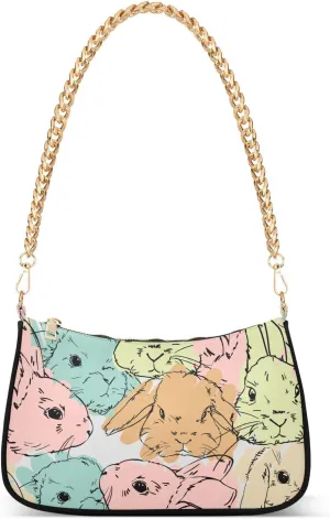 Cute Hare Doodle Rabbit Shoulder Handbags for Women Travel Hobo Tote Handbag Women Gold Chain Shoulder Bags Purse with Zipper Closure